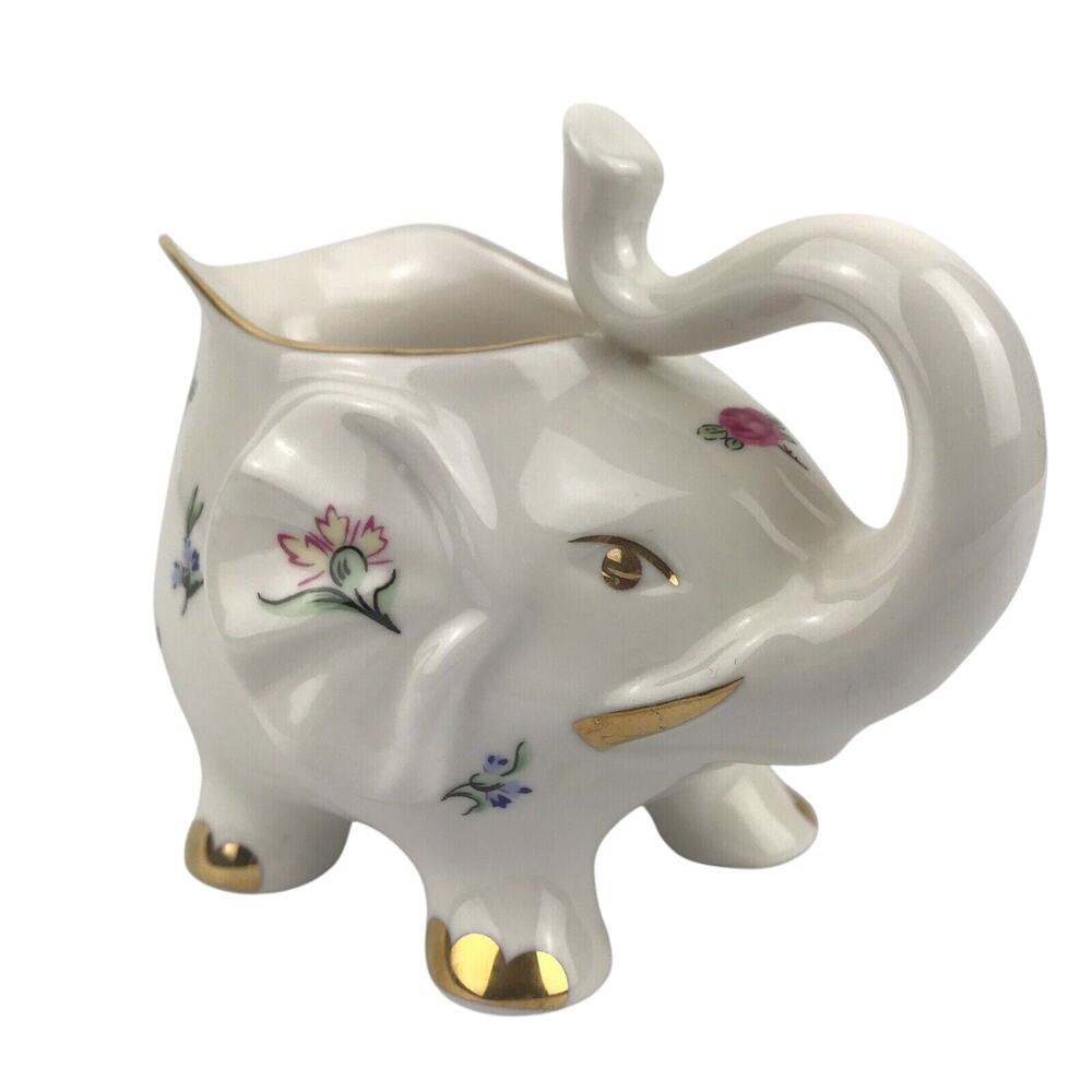 Peppertree Tabletops Elephant Creamer Floral Porcelain White Pink Gold Gilding